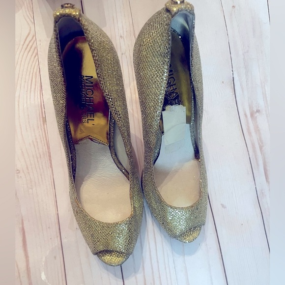 Michael Kors York Evening Platform Open Toe Pumps Heels Gold Glitter - Picture 7 of 8